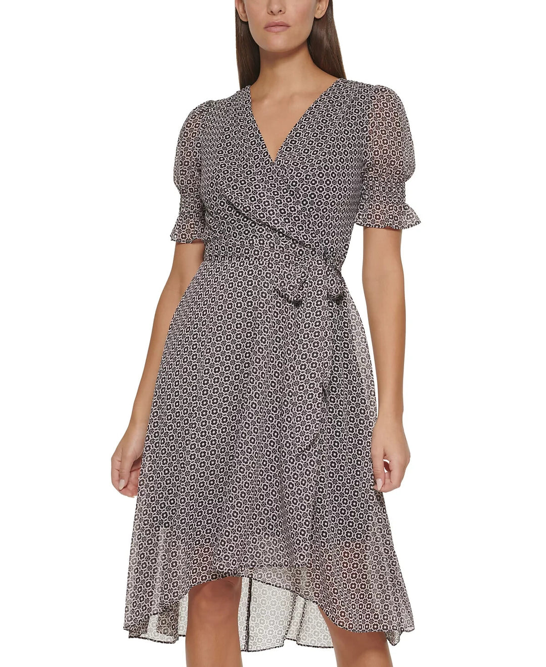 Tommy Hilfiger Printed Smocked-Sleeve Midi Dress MSRP $139