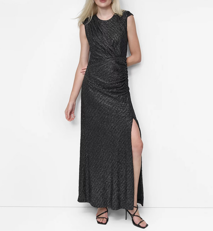 DKNY Women's Gathered-Hip High-Slit Metallic-Threaded Gown MSRP $229
