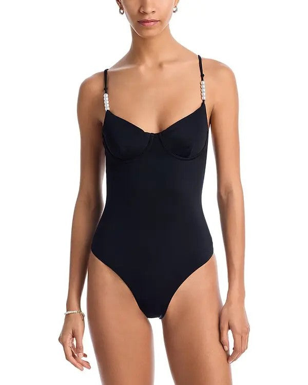 Aqua Faux Pearl Embellished Underwire One Piece Swimsuit MSRP $108