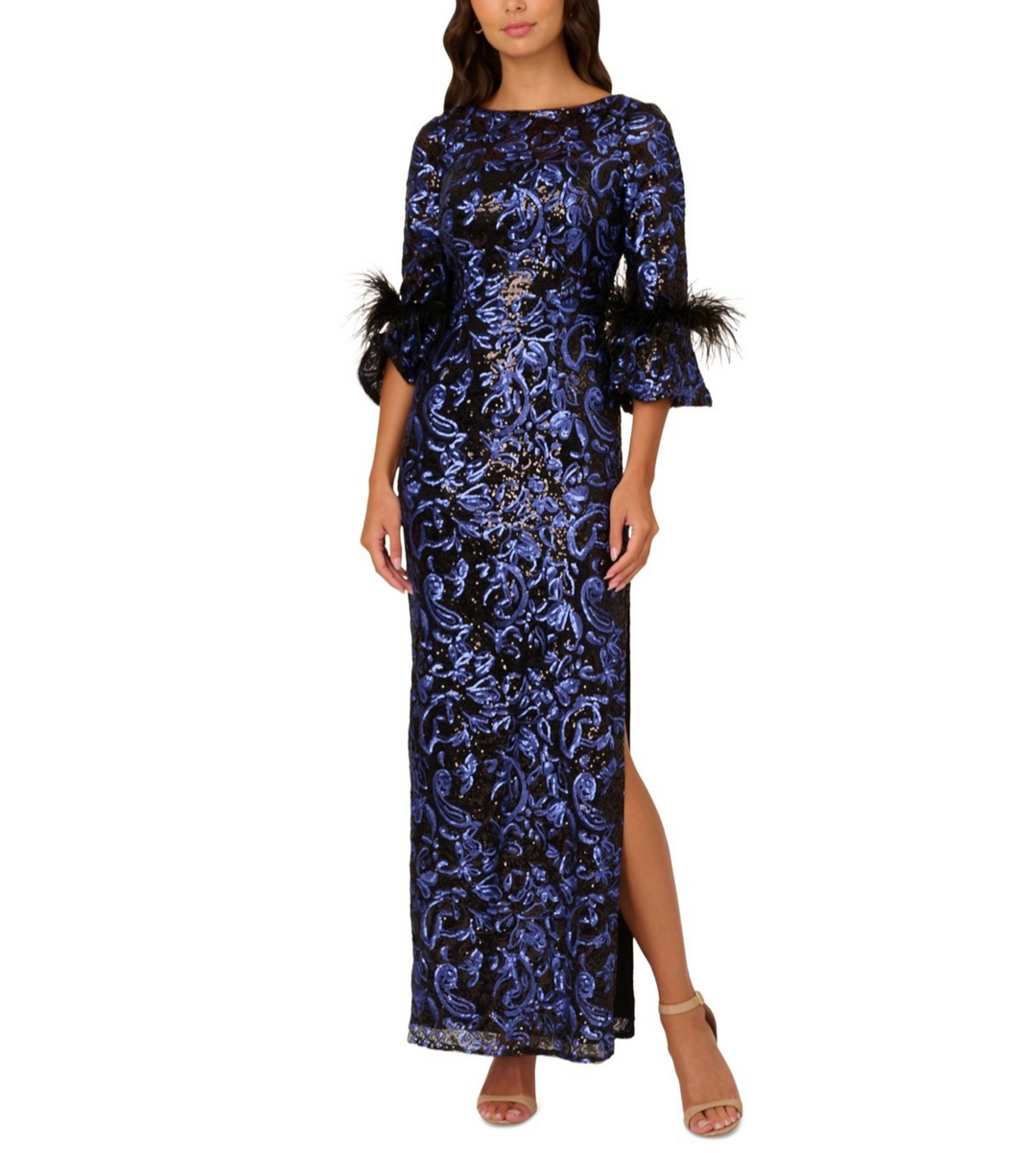 Adrianna Papell Sequined Feather-Trim Gown MSRP $299
