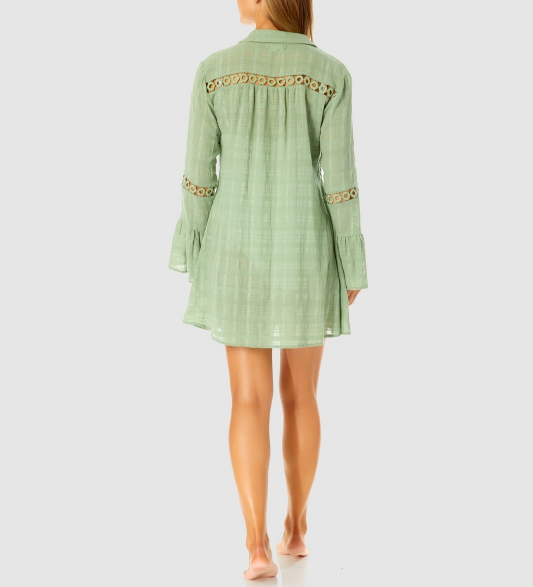 Ibiza Anne Cole Button Up Bell Sleeve Crochet Trim Cover-Up Tunic MSRP $72