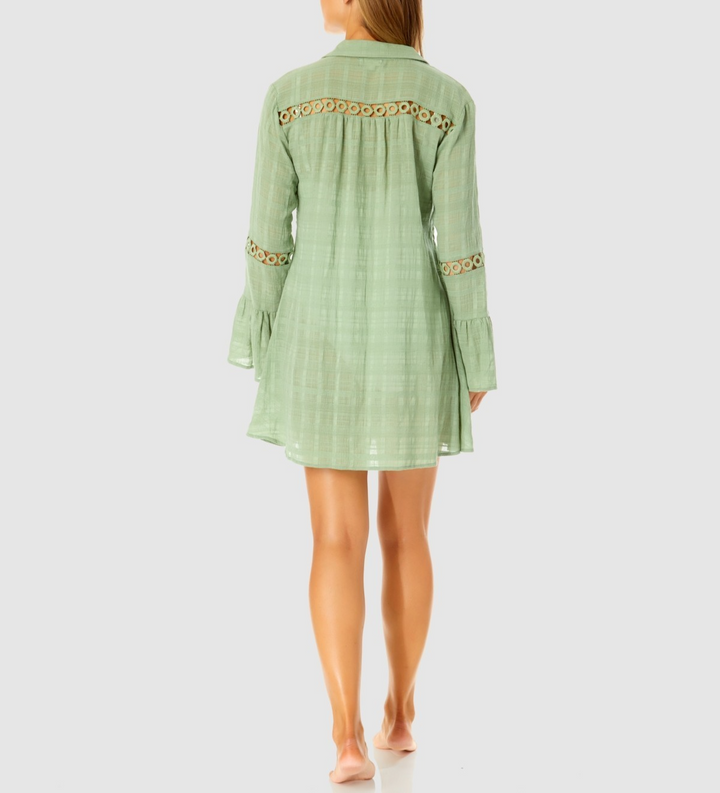 Ibiza Anne Cole Button Up Bell Sleeve Crochet Trim Cover-Up Tunic MSRP $72