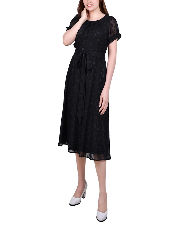 Ny Collection Petite Short Sleeve Belted Swiss Dot Dress MSRP $52