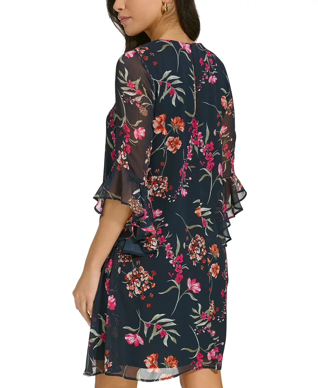 Calvin Klein Printed Chiffon Bell-Sleeve Dress MSRP $119