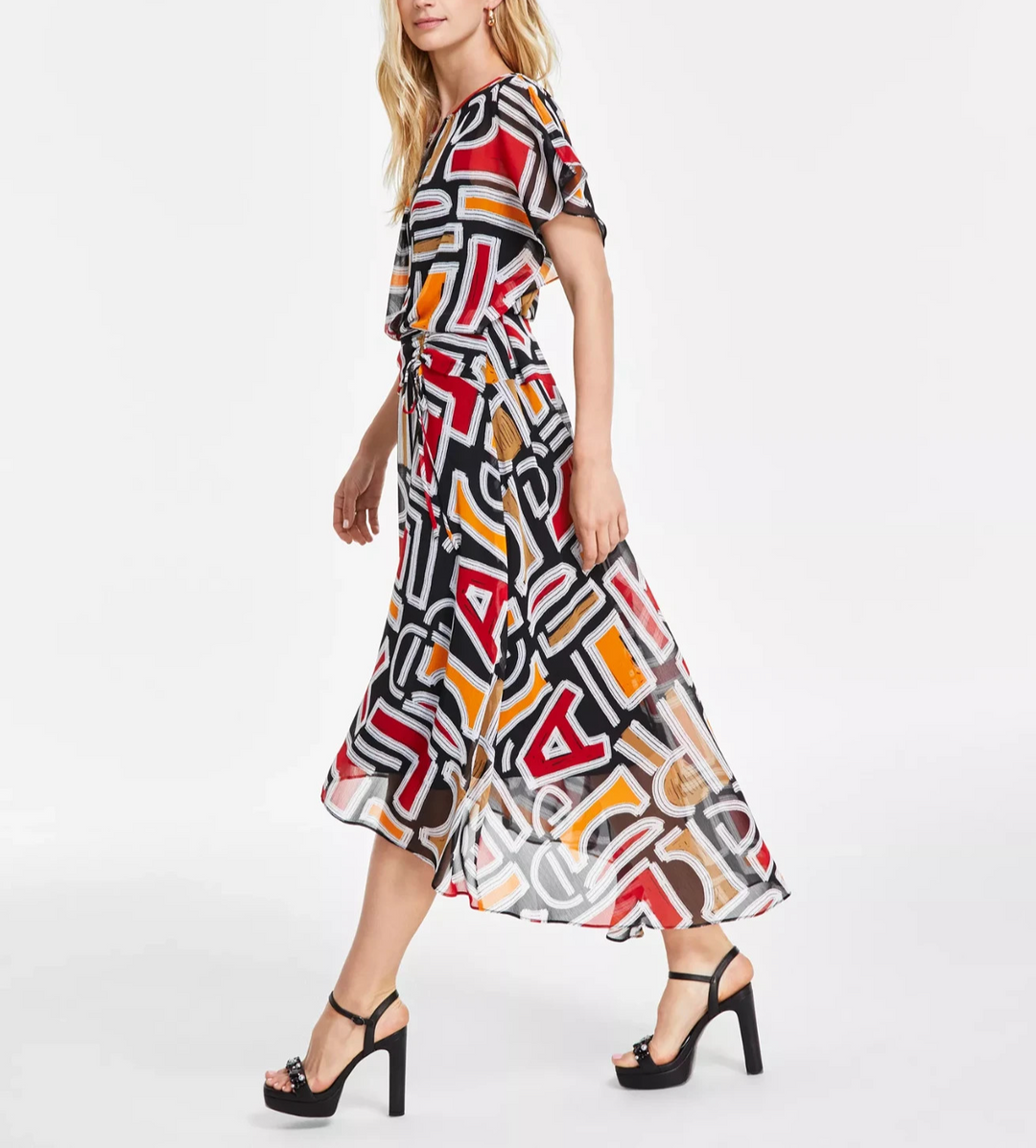 KARL LAGERFELD PARIS Women's Printed High-Low Flutter-Sleeve Dress MSRP $158