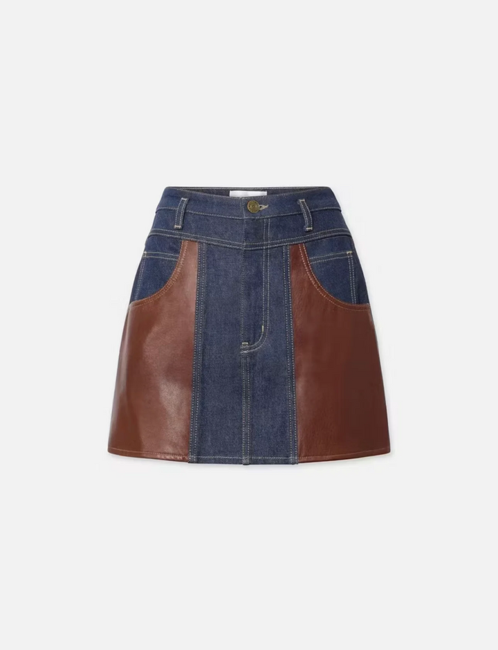 Frame Atelier Denim & Leather Mini Skirt MSRP $598