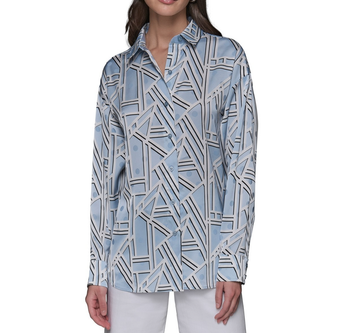 KARL LAGERFELD PARIS Satin Geo-Print Oversized Button-Front Top MSRP $89