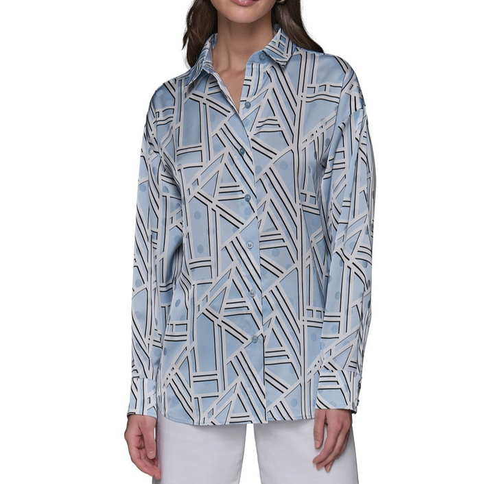 KARL LAGERFELD PARIS Satin Geo-Print Oversized Button-Front Top MSRP $89