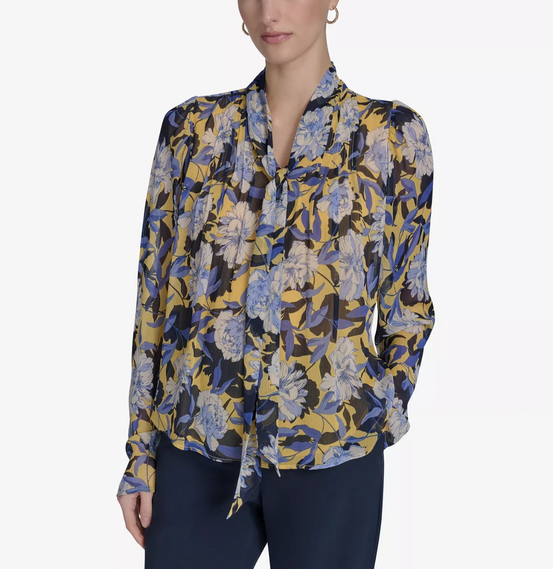 Tommy Hilfiger Women's Floral-Print Pleated Tie-Neck Blouse MSRP $89