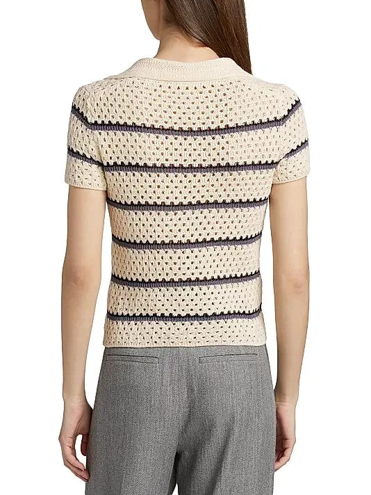 Vince Striped Macramé Open-Knit Polo Shirt MSRP $328
