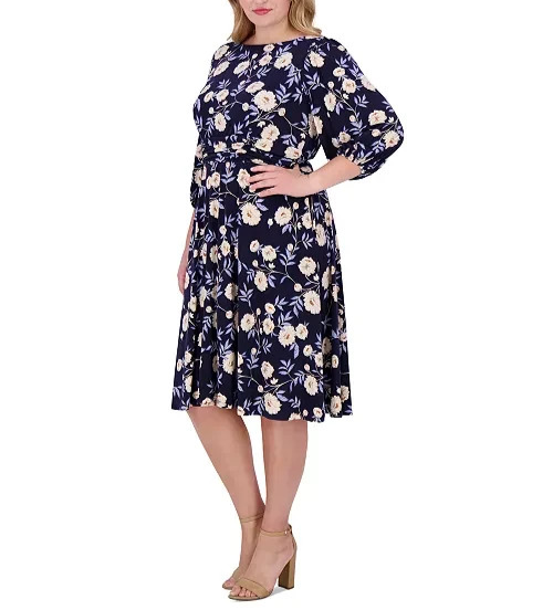 Jessica Howard Plus Size Floral-Print Gathered-Waist Dress MSRP $119