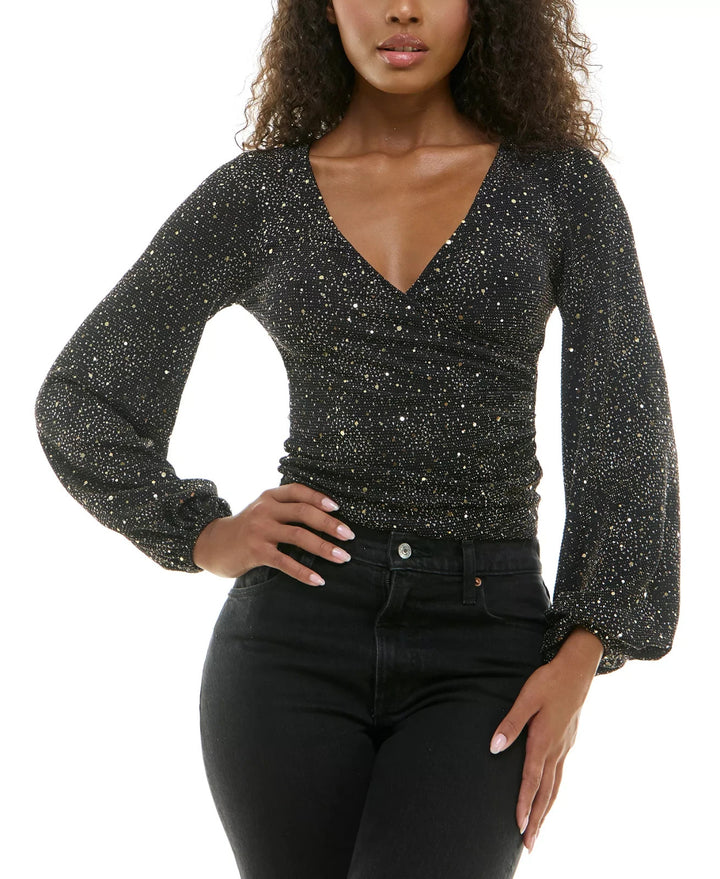 Alex & Sophia Glitter Side-Shirred V-Neck Top MSRP $59