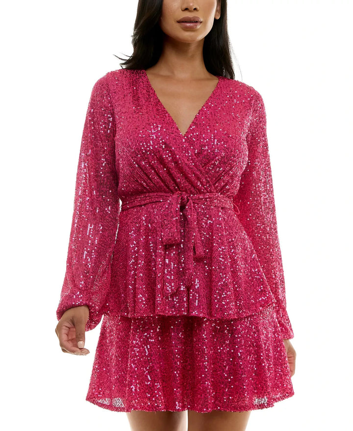 Trixxi Juniors' Sequin Surplice-Neck Tiered Mini Dress MSRP $79