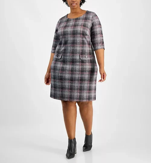 Connected Plus Size 3/4-Sleeve Plaid Sheath Dress MSRP $79