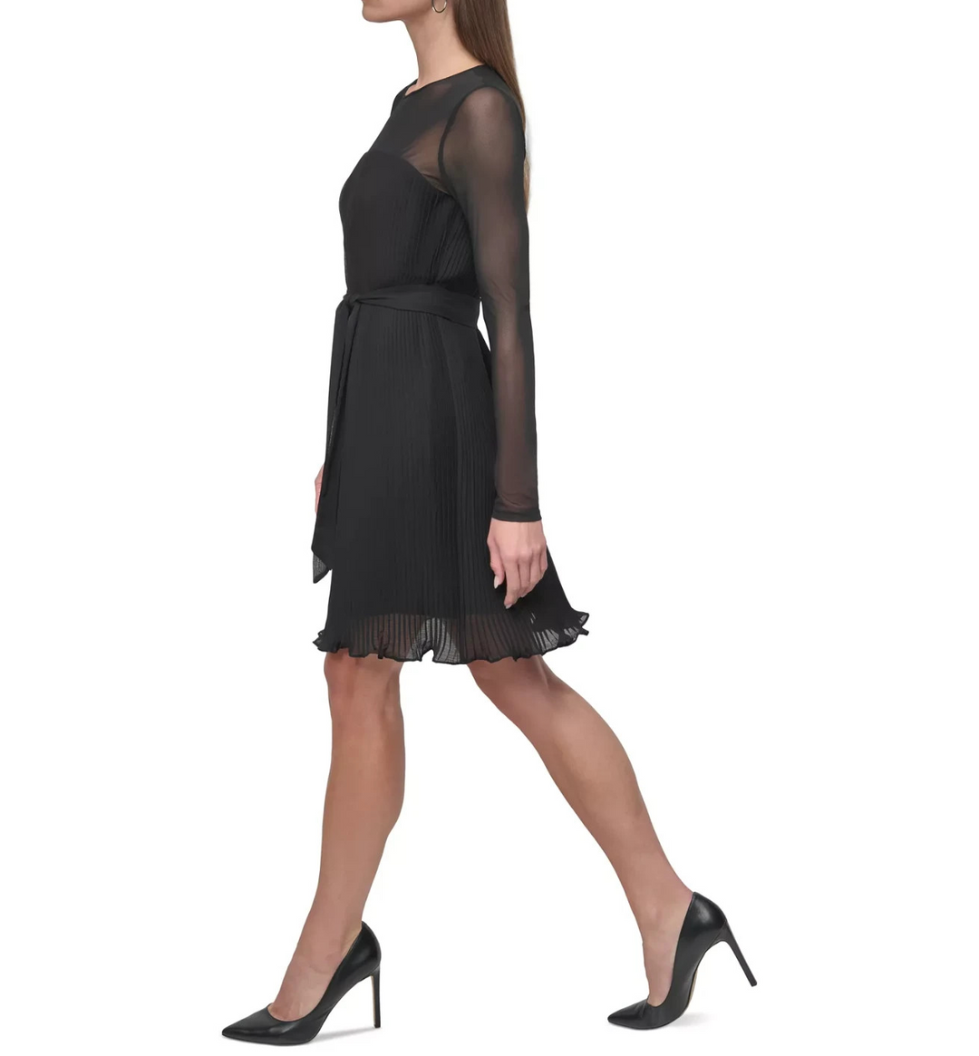 DKNY Petite Jewel-Neck Belted A-Line Pleated Mesh Dress MSRP $139