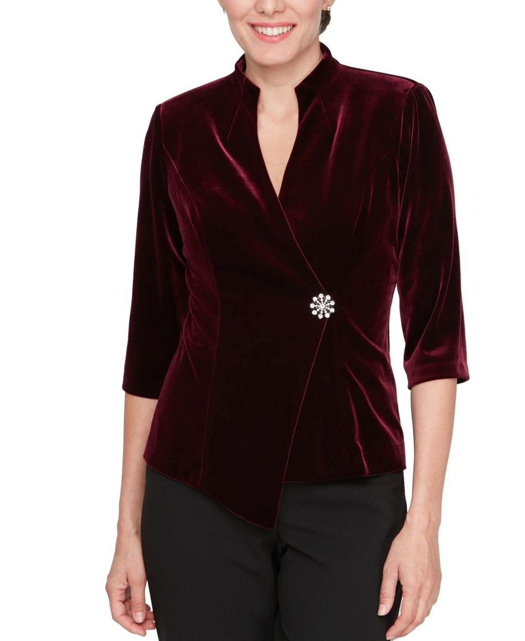 Alex Evenings Petite Velvet Asymmetrical High-Collar Top MSRP $139