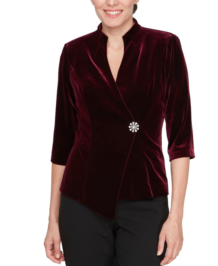 Alex Evenings Petite Velvet Asymmetrical High-Collar Top MSRP $139