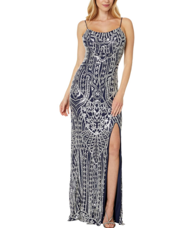 Betsy & Adam Long Beded Sequin Placement Slit Gown MSRP $340