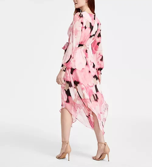 Anne Klein Printed Smocked-Cuff Midi Dress MSRP $139