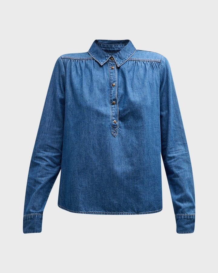 Veronica Beard Cambrie Denim Half-Button Shirt MSRP $298