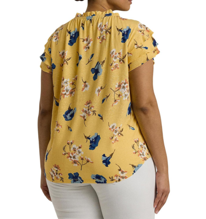 LAUREN RALPH LAUREN Plus Size Floral Linen-Blend Jersey Tie-Neck Top MSRP $115