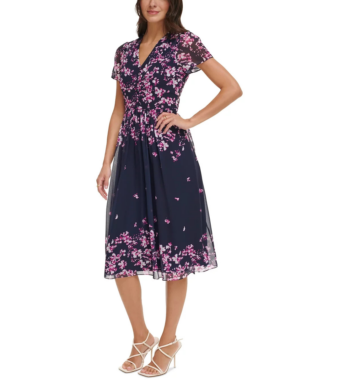 DKNY Petite V-Neck Crinkle-Chiffon Midi Dress MSRP $139