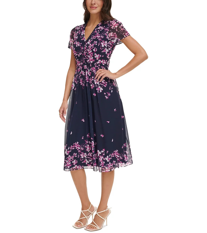 DKNY Petite V-Neck Crinkle-Chiffon Midi Dress MSRP $139