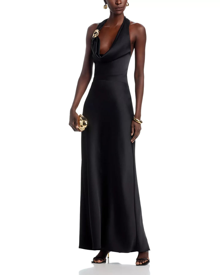 AQUA Long Satin Draped Halter Dress MSRP $298