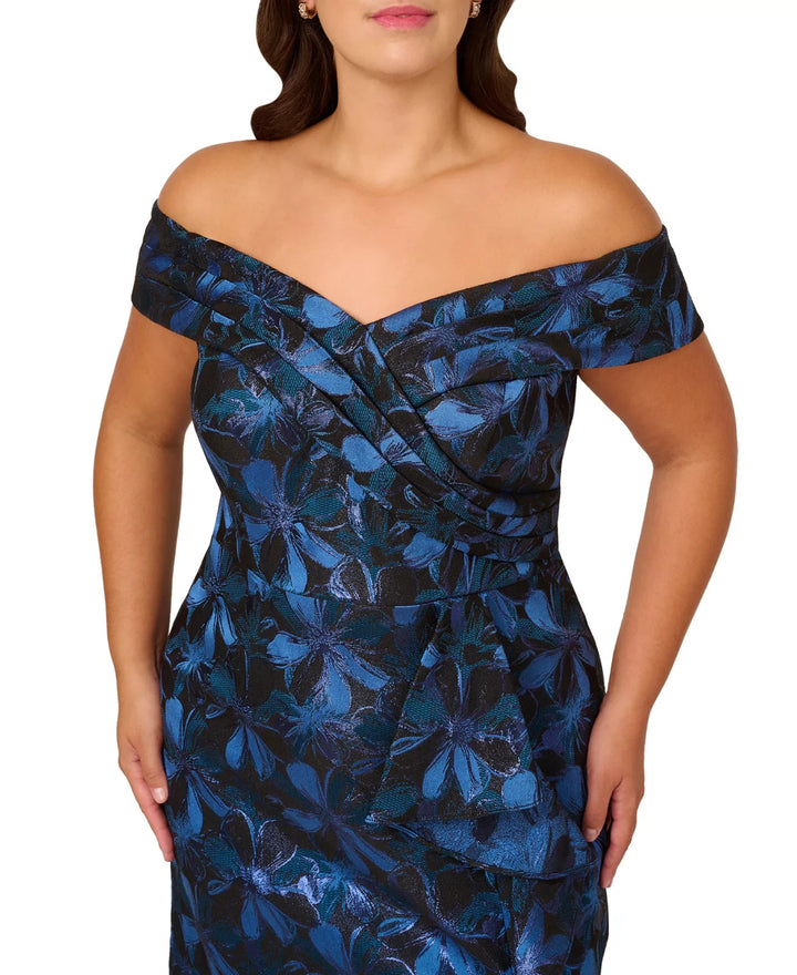 Adrianna Papell Plus Size Floral Jacquard Off-The-Shoulder Gown MSRP $299