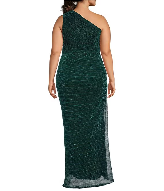 Betsy & Adam Plus Size Metallic One-Shoulder Gown MSRP $269