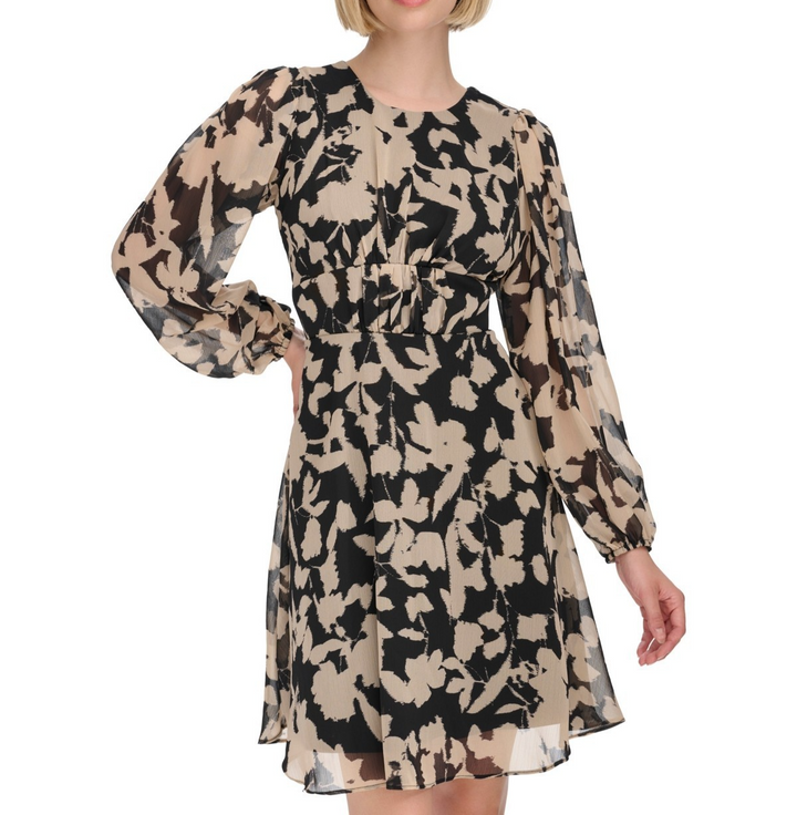 Calvin Klein Printed Jewel-Neck Long-Sleeve Dress MSRP $ 134