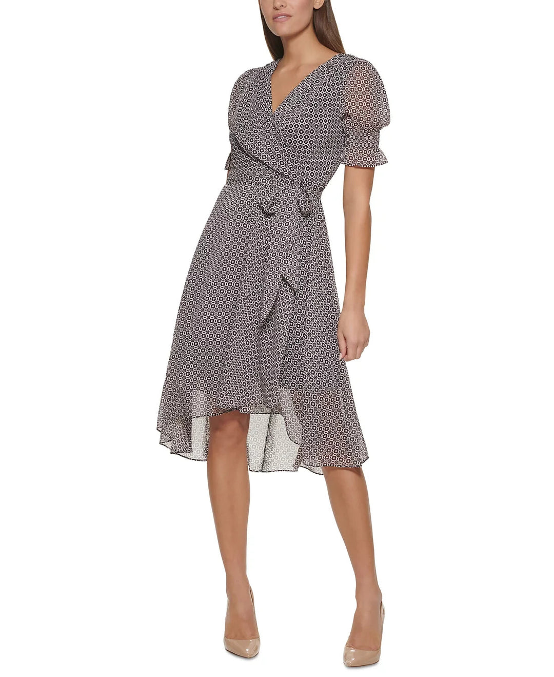 Tommy Hilfiger Printed Smocked-Sleeve Midi Dress MSRP $139