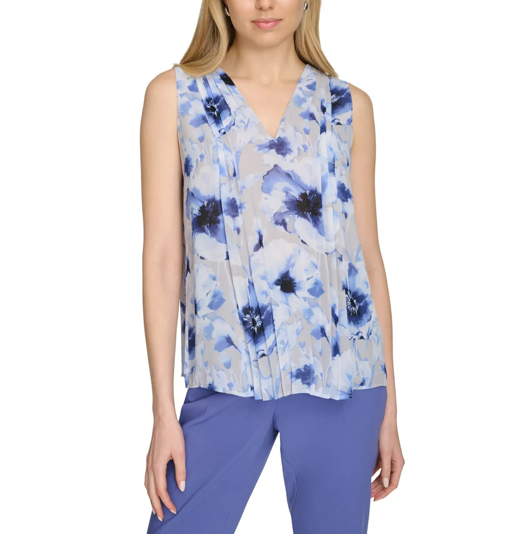 Calvin Klein Women's Printed Sleeveless Pleated Top MSRP $69