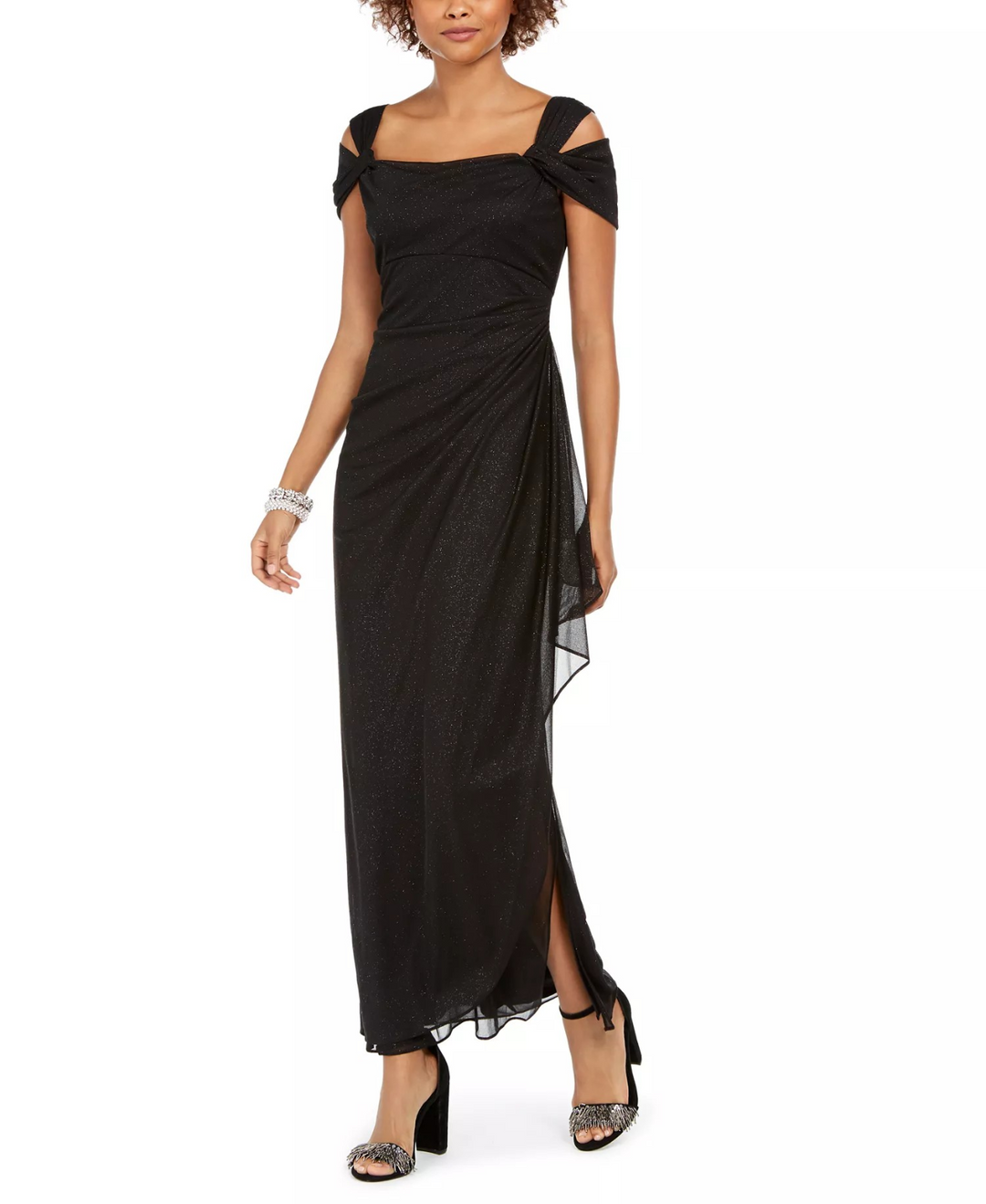 Alex Evenings Cold-Shoulder Draped Metallic Petite Gown MSRP $159