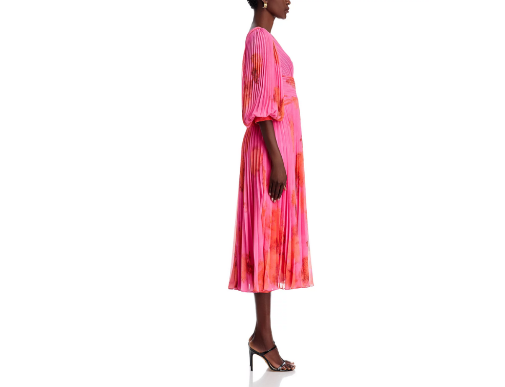 Teri Jon by Rickie Freeman Printed Chiffon Pleated Dress MSRP $710