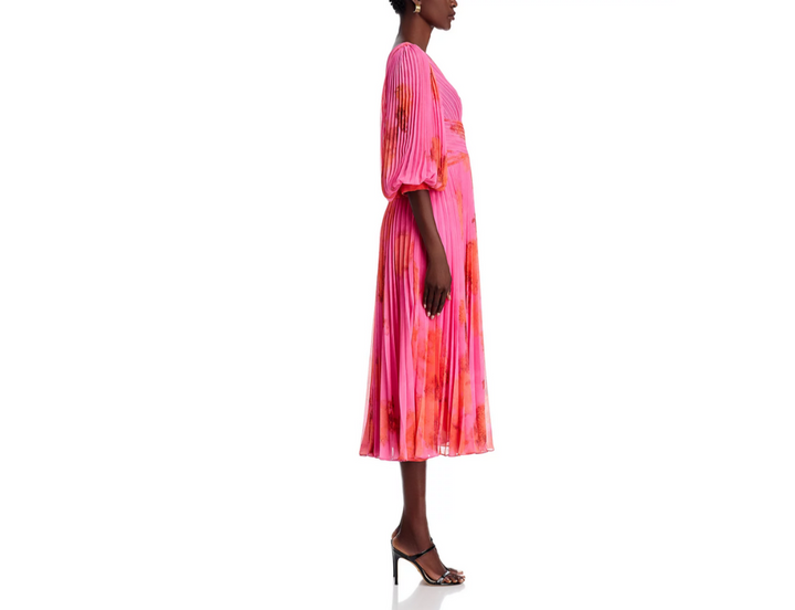 Teri Jon by Rickie Freeman Printed Chiffon Pleated Dress MSRP $710