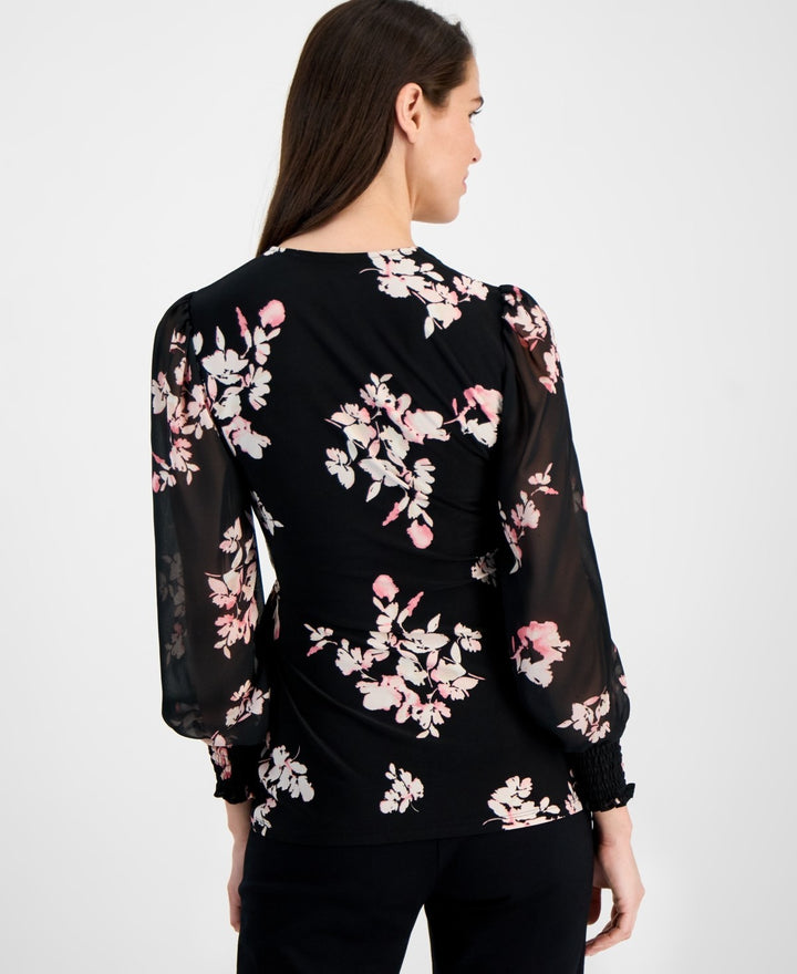 Anne Klein Women's Floral-Print Smocked Wrap Top MSRP $79