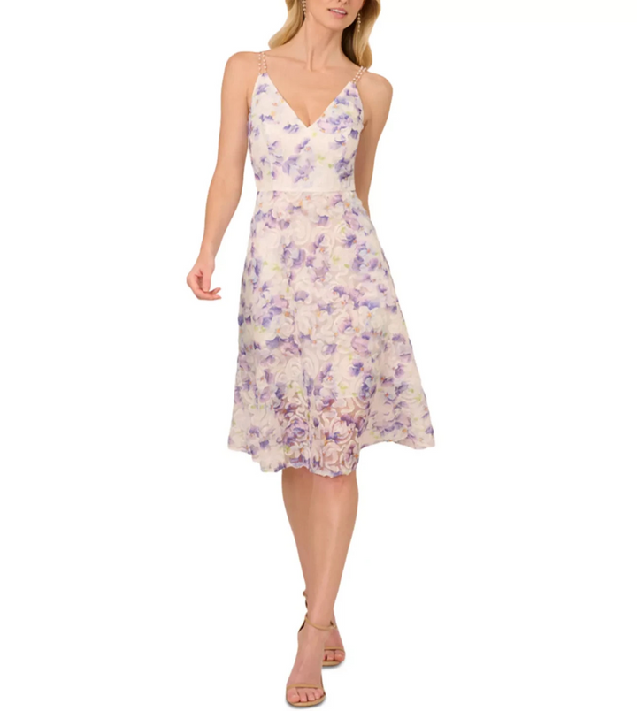 Adrianna Papell Women's Printed Embellished-Strap Dress MSRP $229