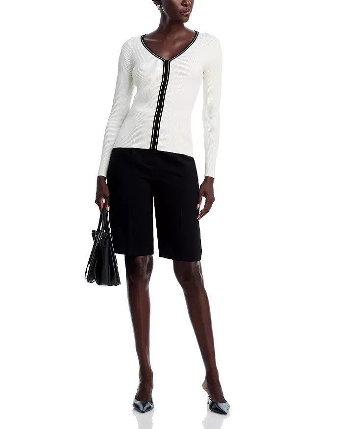 T Tahari Long Sleeve V Neck Striped Ribbed Sweater MSRP $68