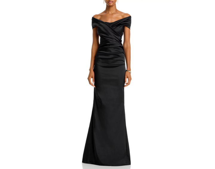 Teri Jon by Rickie Freeman Satin Stretch Off The Shoulder Gown MSRP $760