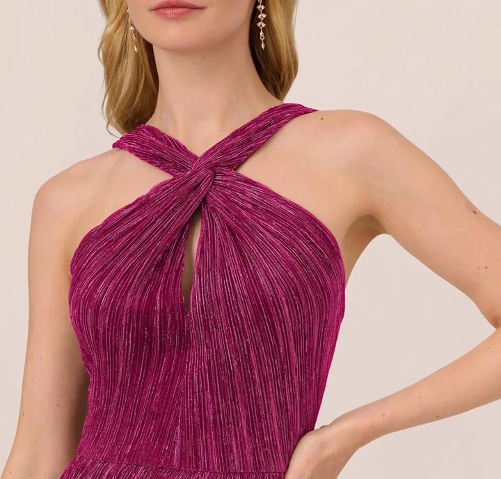 Adrianna Papell Crinkle Metallic Halter Midi Dress MSRP $179