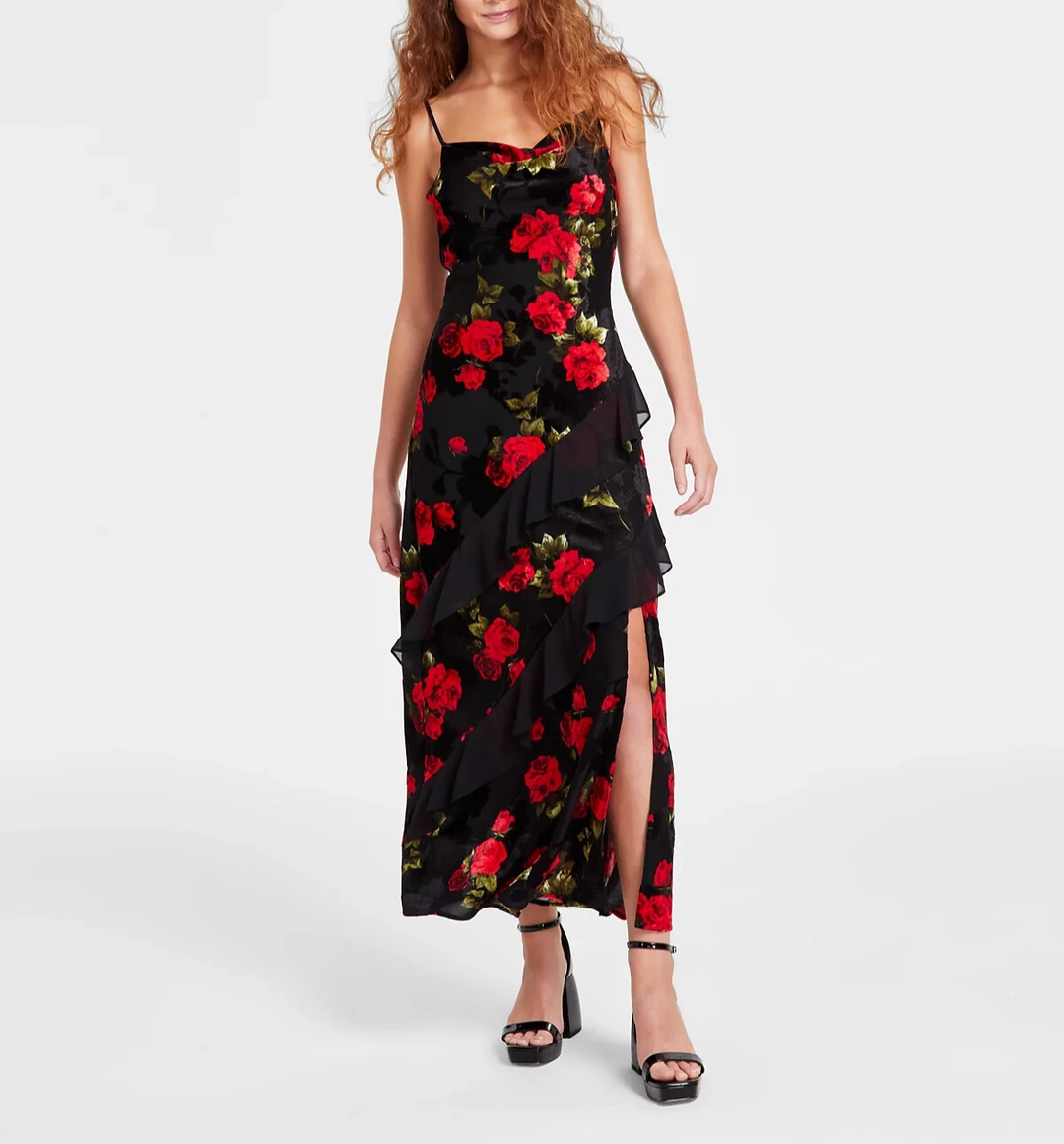 BCX Juniors Tiered Ruffles Rose Print Velvet Burnout Maxi Dress MSRP $79