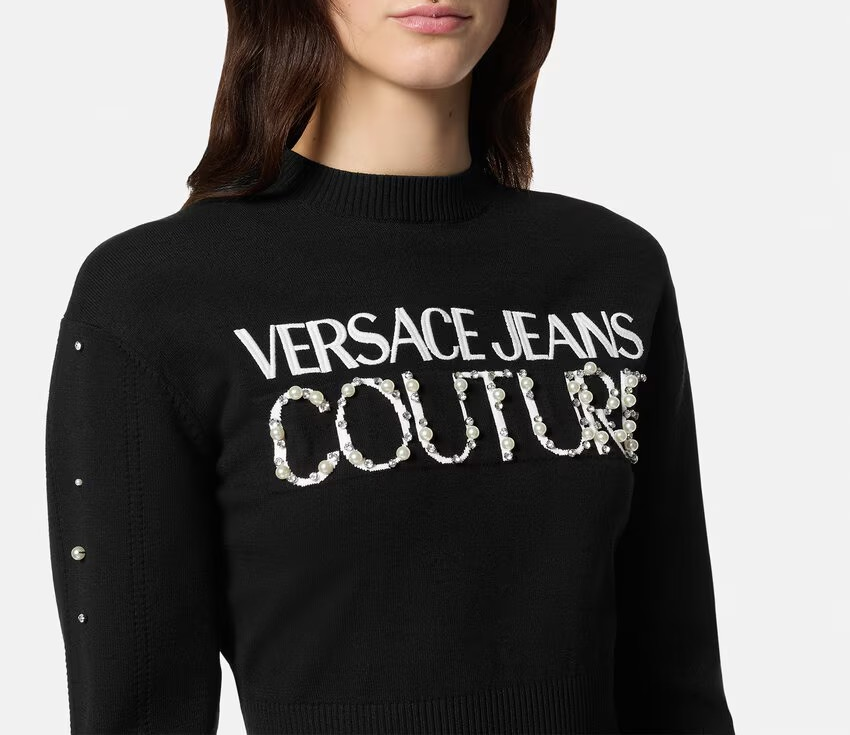 Versace Jeans Couture Embellished Logo Crop Sweater MSRP $475
