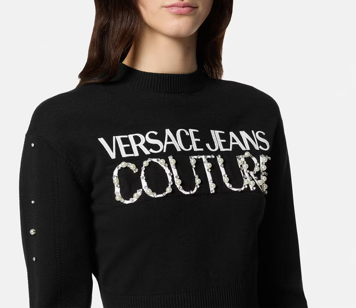 Versace Jeans Couture Embellished Logo Crop Sweater MSRP $475