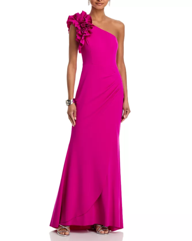 AQUA One Shoulder Ruffle Crepe Gown MSRP $298