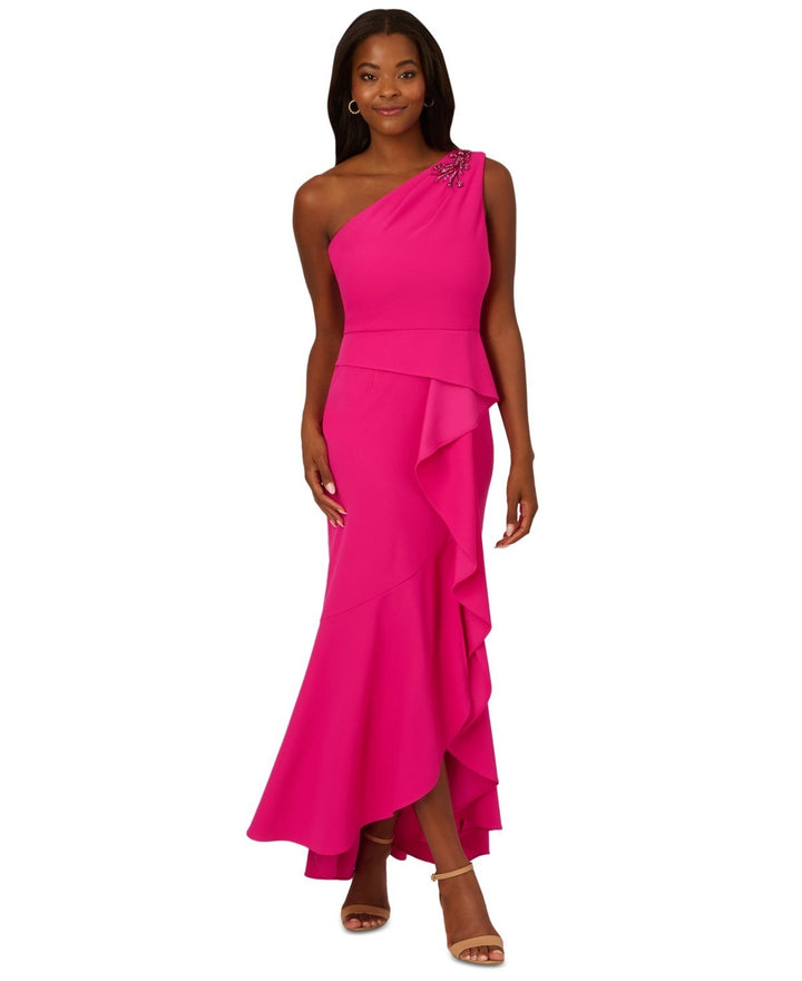 Adrianna Papell Women's Beaded One-Shoulder Crepe Gown MSRP $159