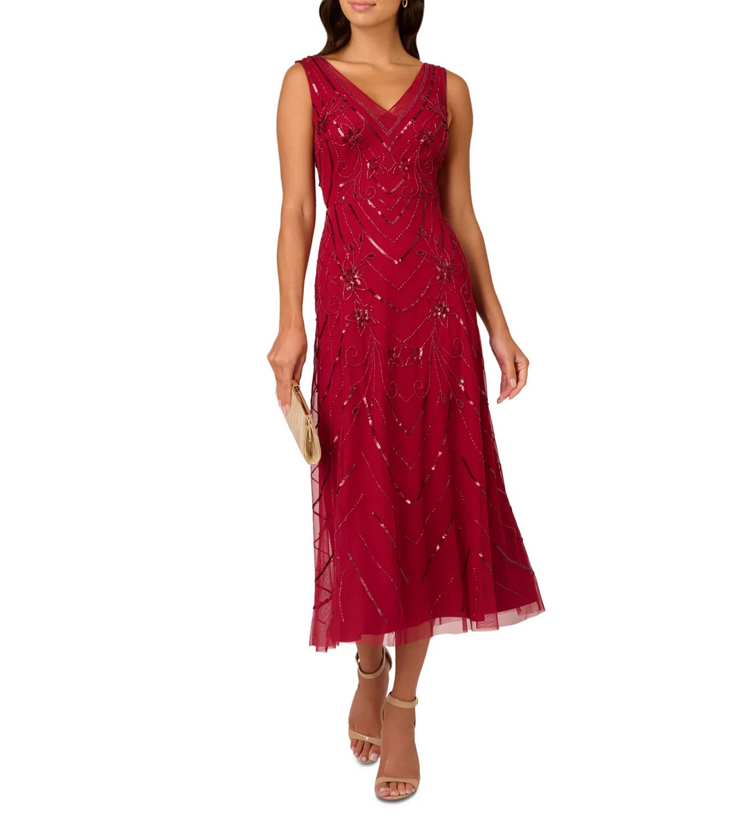 Papell Studio Beaded V-Neck Sleeveless Mesh Dress MSRP $159