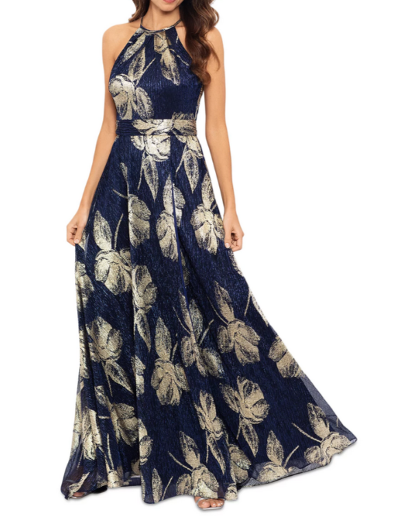 AQUA Floral Print Foil Halter Gown MSRP $298