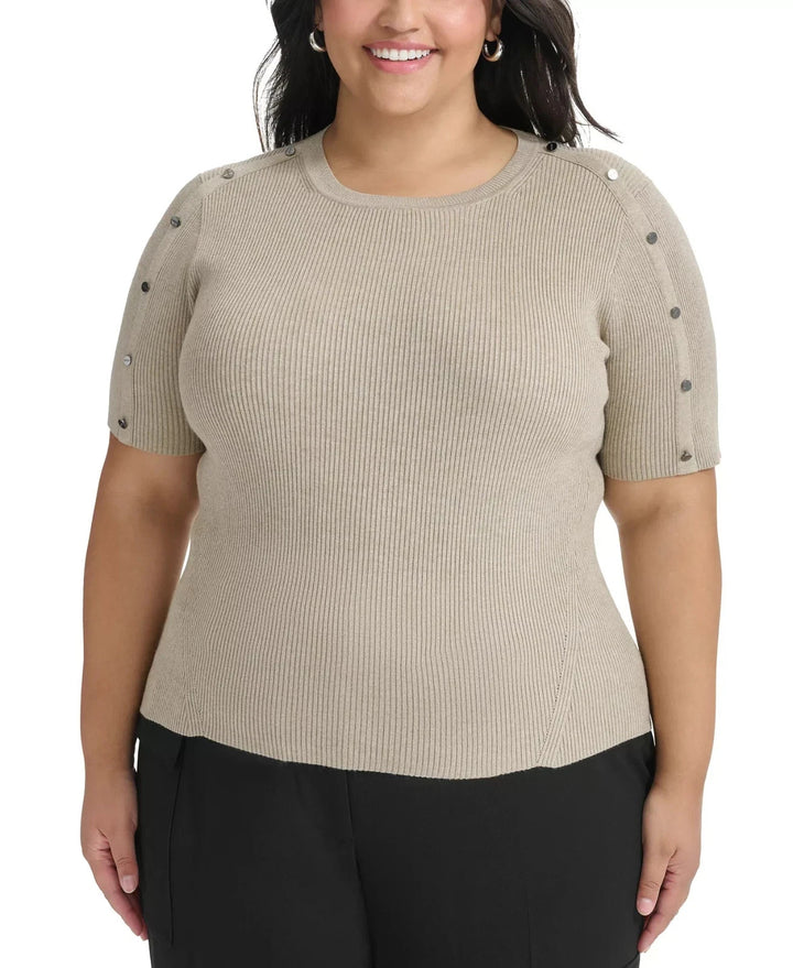 DKNY Women's Plus Size Round Neck Short-Sleeve Ribbed-Knit Top Pullover MSRP $69