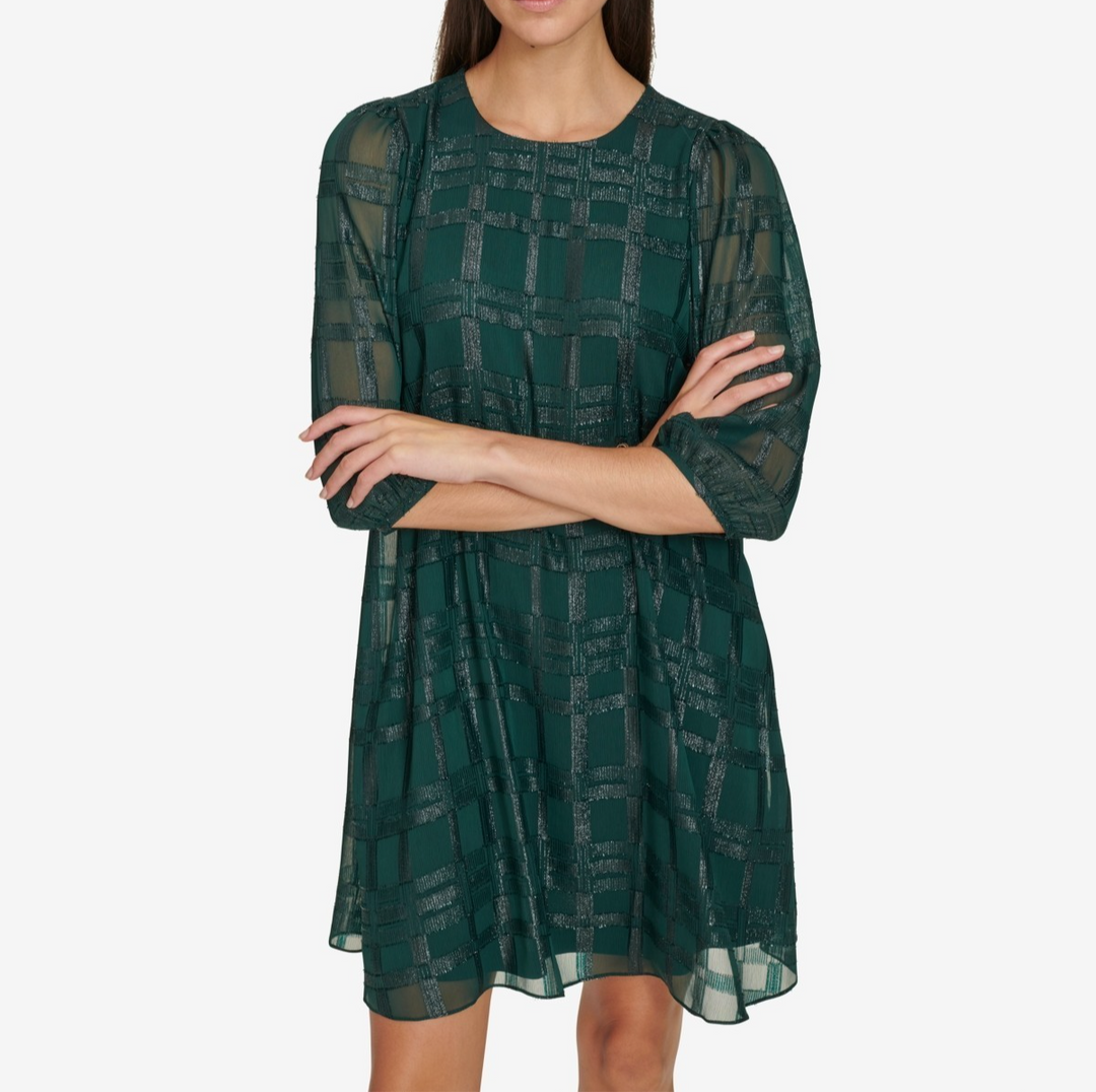 Calvin Klein Petite Metallic Plaid Chiffon 3/4-Sleeve Dress - Malachite